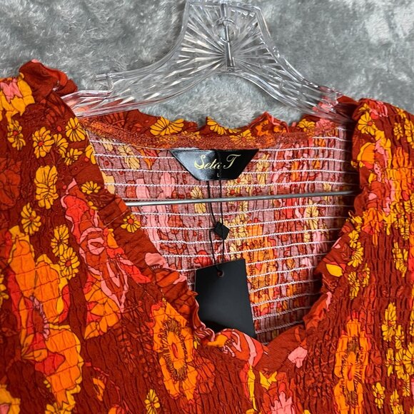 Women Colorful Floral 90s Retro Hippie Boho Girly Smocked Tiered Maxi Dress L - Picture 7 of 14